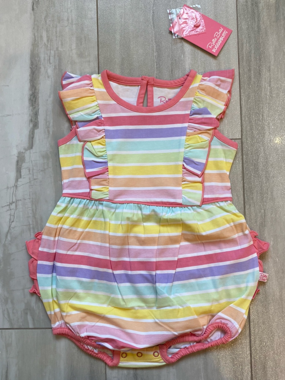 NWT RuffleButts Colorful Rainbow Parade Waterfall Bubble Romper girls 18-24M